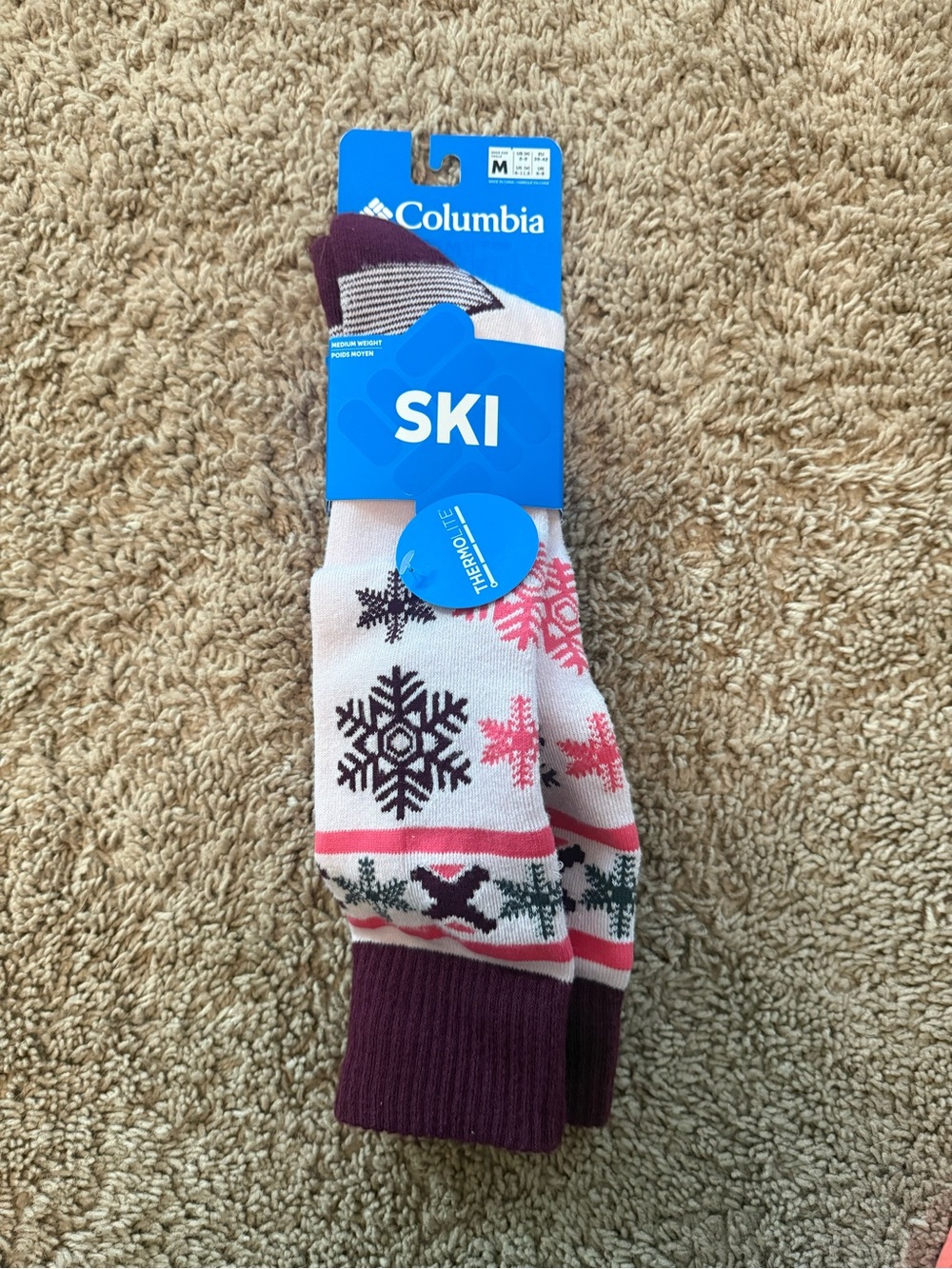 Columbia Men’s Ski Socks - Cream, Pink & Burgundy Snowflake